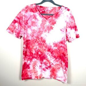 Ice dyed tie dyed upcycled pink and white V neck cotton shirt